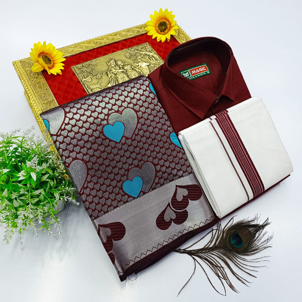 Ellampillai Bridal Pick & Pick Meena Design Silk Saree with Cotton Dhoti & Shirt Combo