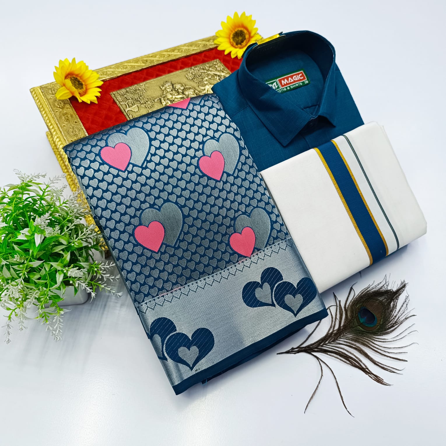 Ellampillai Bridal Pick & Pick Meena Design Silk Saree with Cotton Dhoti & Shirt Combo