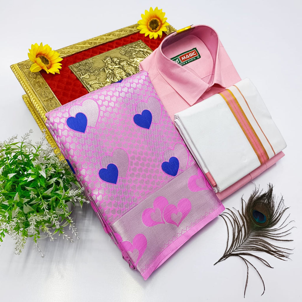 Ellampillai Bridal Pick & Pick Meena Design Silk Saree with Cotton Dhoti & Shirt Combo