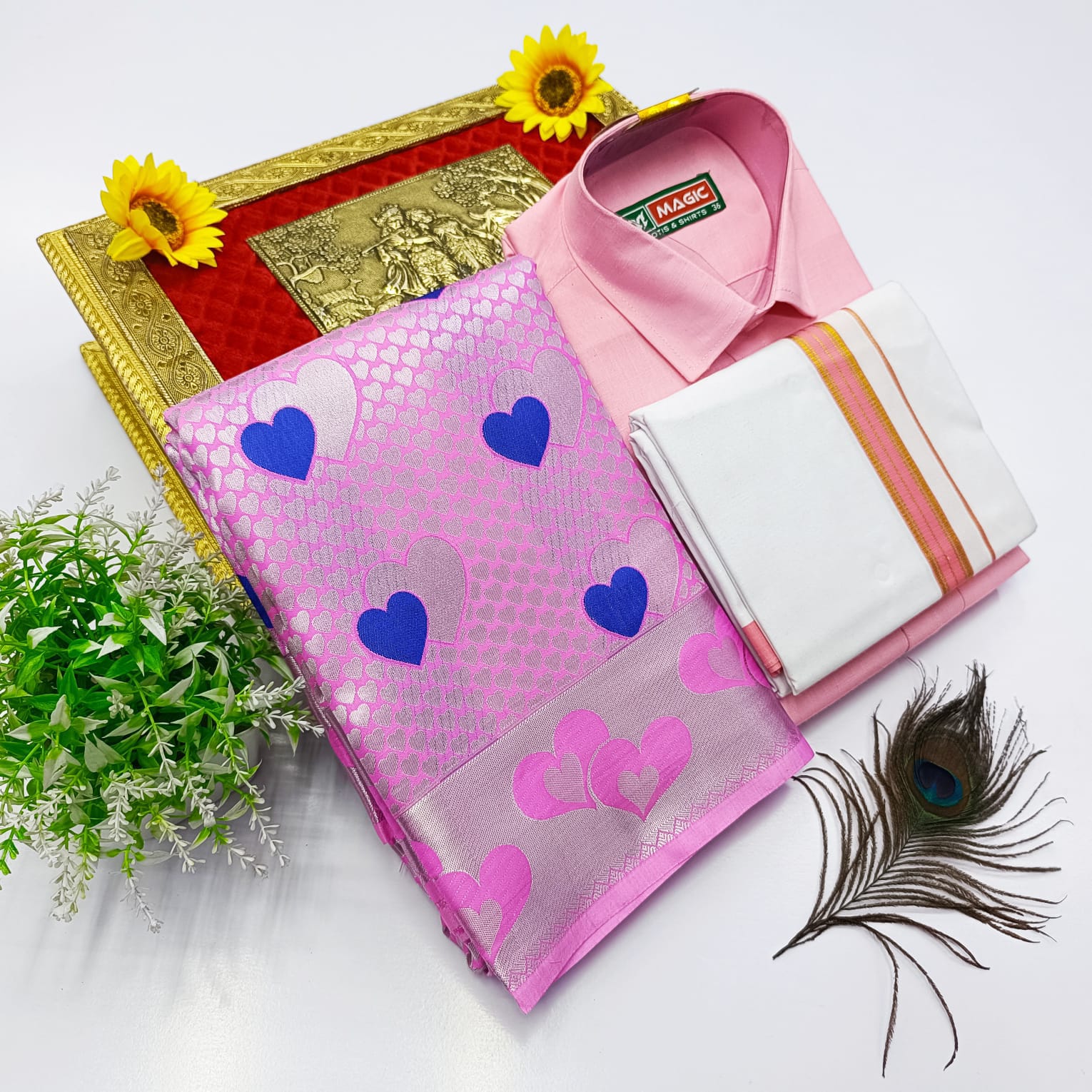 Ellampillai Bridal Pick & Pick Meena Design Silk Saree with Cotton Dhoti & Shirt Combo