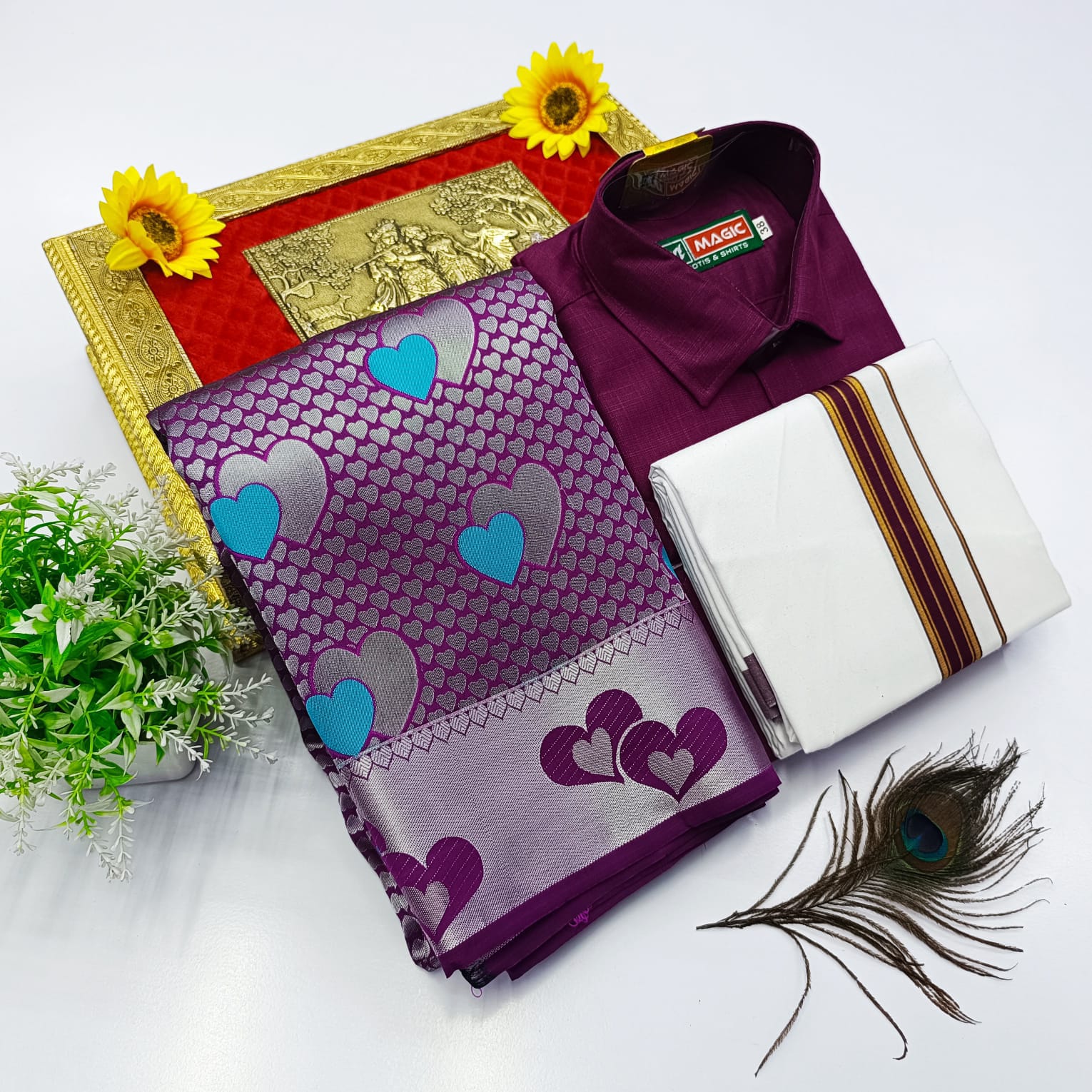 Ellampillai Bridal Pick & Pick Meena Design Silk Saree with Cotton Dhoti & Shirt Combo