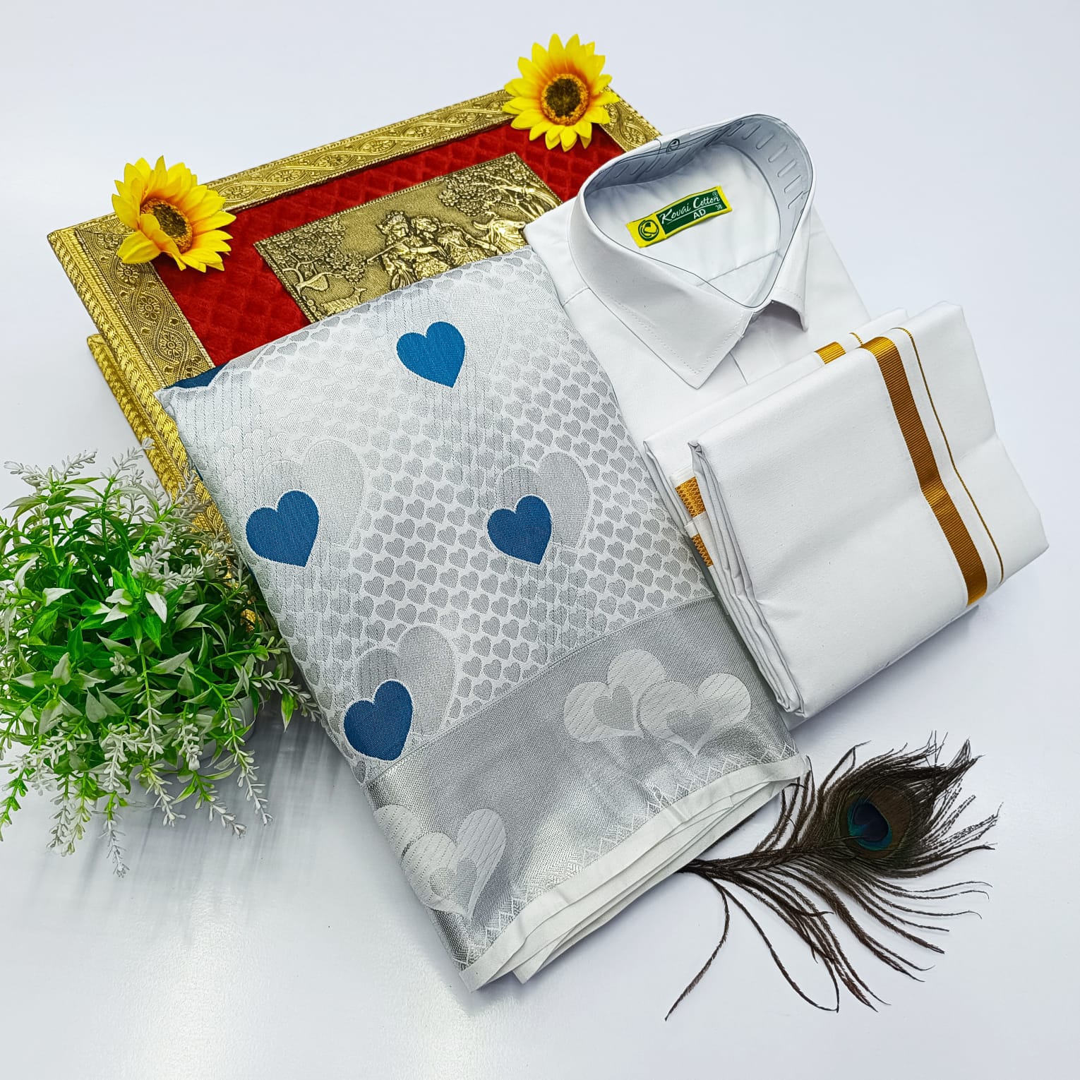 Ellampillai Bridal Pick & Pick Meena Design Silk Saree with Cotton Dhoti & Shirt Combo
