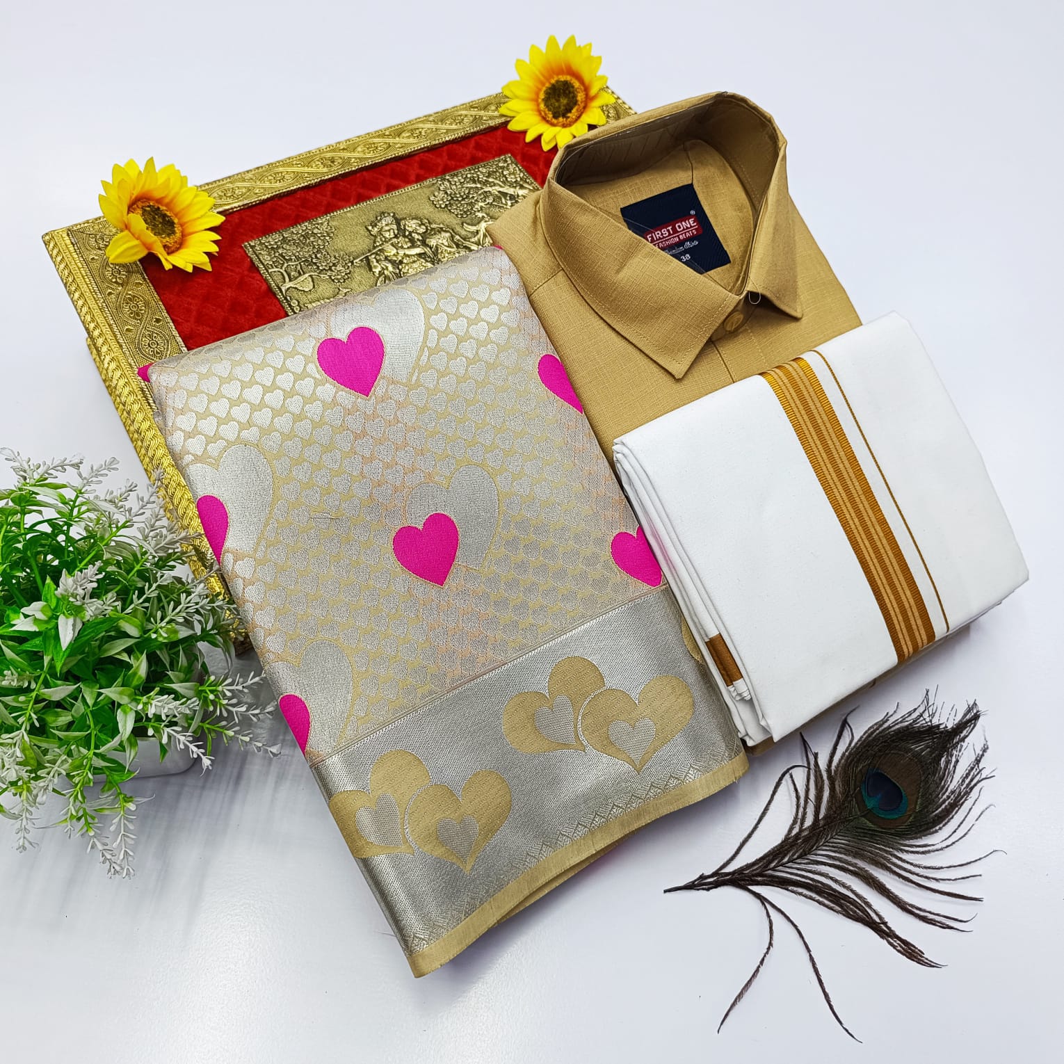 Ellampillai Bridal Pick & Pick Meena Design Silk Saree with Cotton Dhoti & Shirt Combo