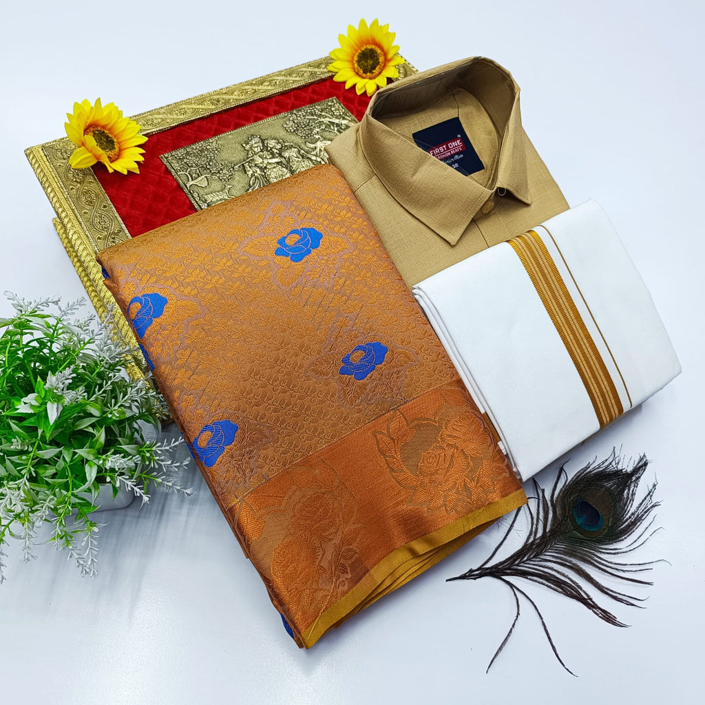 Ellampillai Bridal Pick & Pick Meena Design Silk Saree with Cotton Dhoti & Shirt Combo