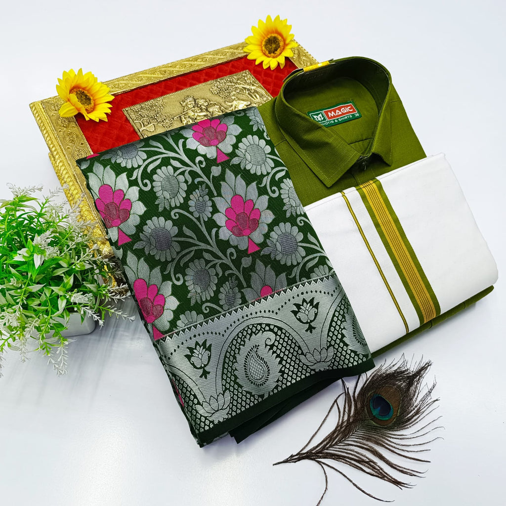 Ellampillai Bridal Pick & Pick Meena Design Silk Saree with Cotton Dhoti & Shirt Combo