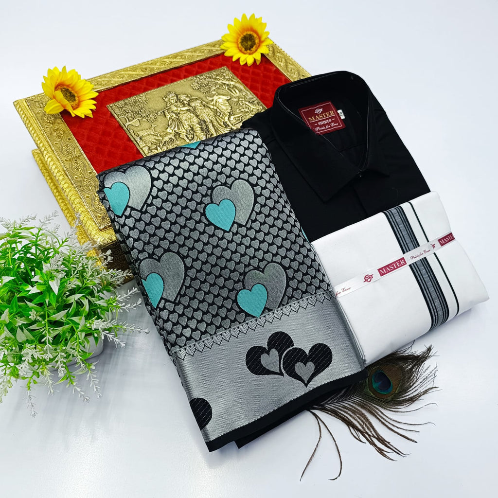 Ellampillai Bridal Pick & Pick Meena Design Silk Saree with Cotton Dhoti & Shirt Combo