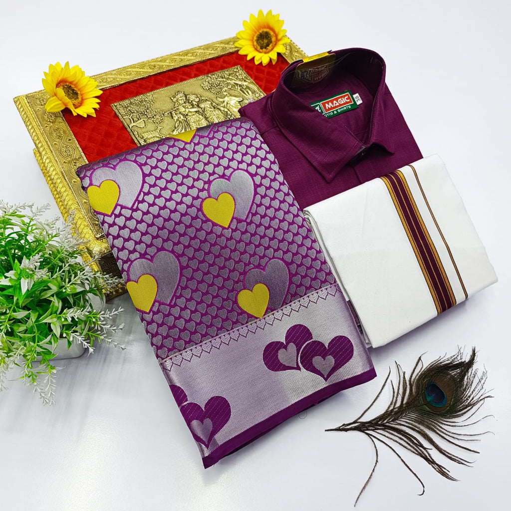 Ellampillai Bridal Pick & Pick Meena Design Silk Saree with Cotton Dhoti & Shirt Combo