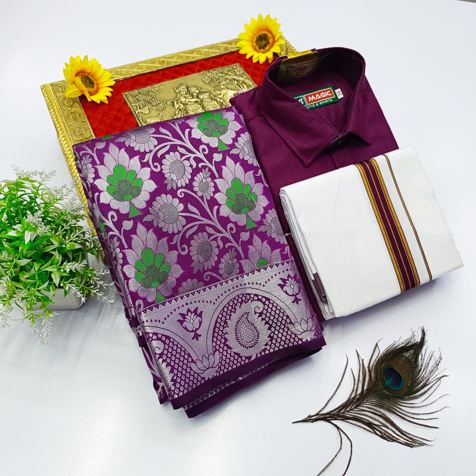 Ellampillai Bridal Pick & Pick Meena Design Silk Saree with Cotton Dhoti & Shirt Combo
