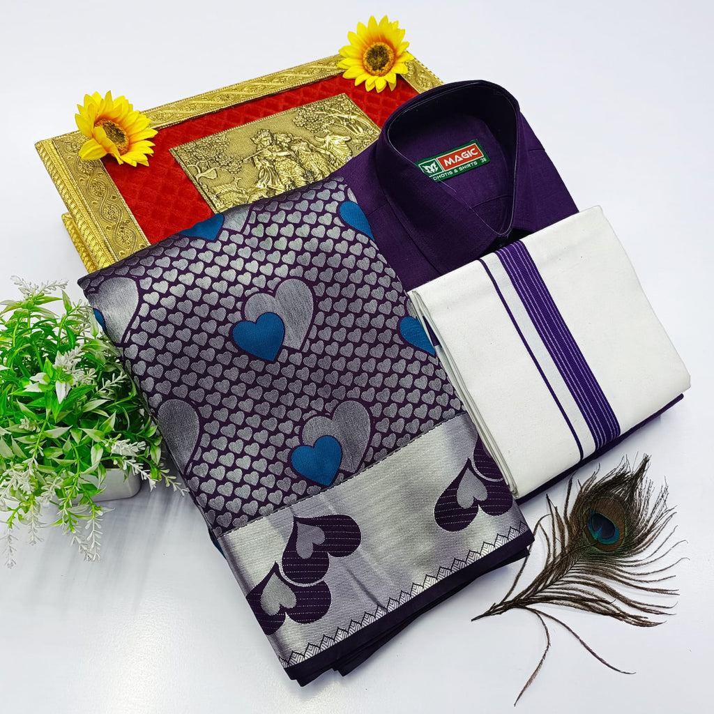 Ellampillai Bridal Pick & Pick Meena Design Silk Saree with Cotton Dhoti & Shirt Combo