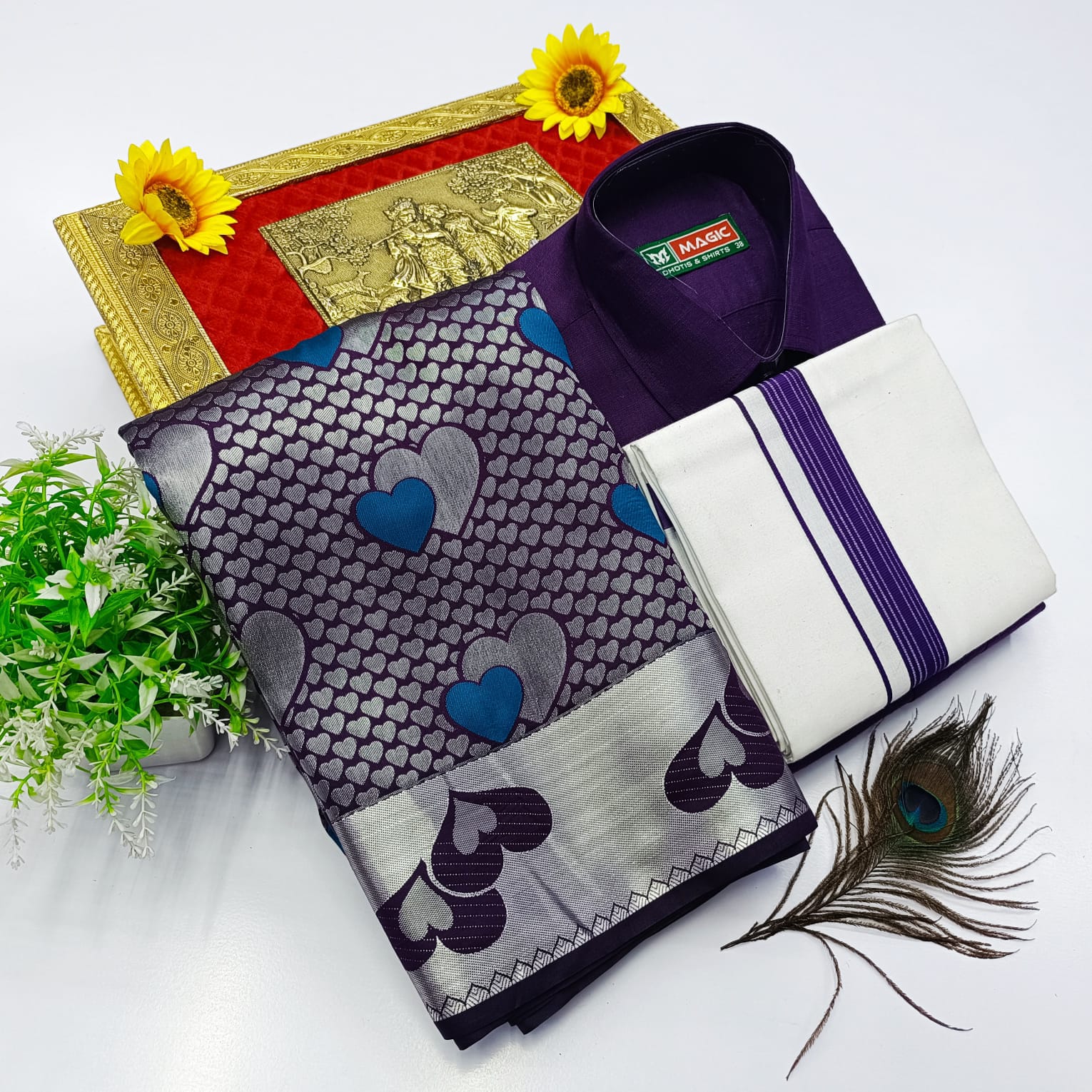 Ellampillai Bridal Pick & Pick Meena Design Silk Saree with Cotton Dhoti & Shirt Combo