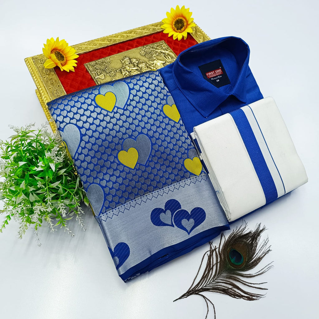 Ellampillai Bridal Pick & Pick Meena Design Silk Saree with Cotton Dhoti & Shirt Combo