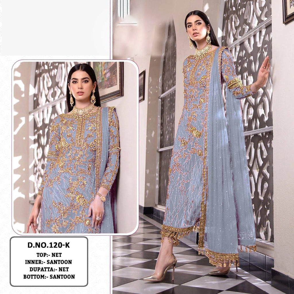 Pakistani Designer Net Embroidered Semi-Stitched Salwar Suit with Diamond & Moti Work