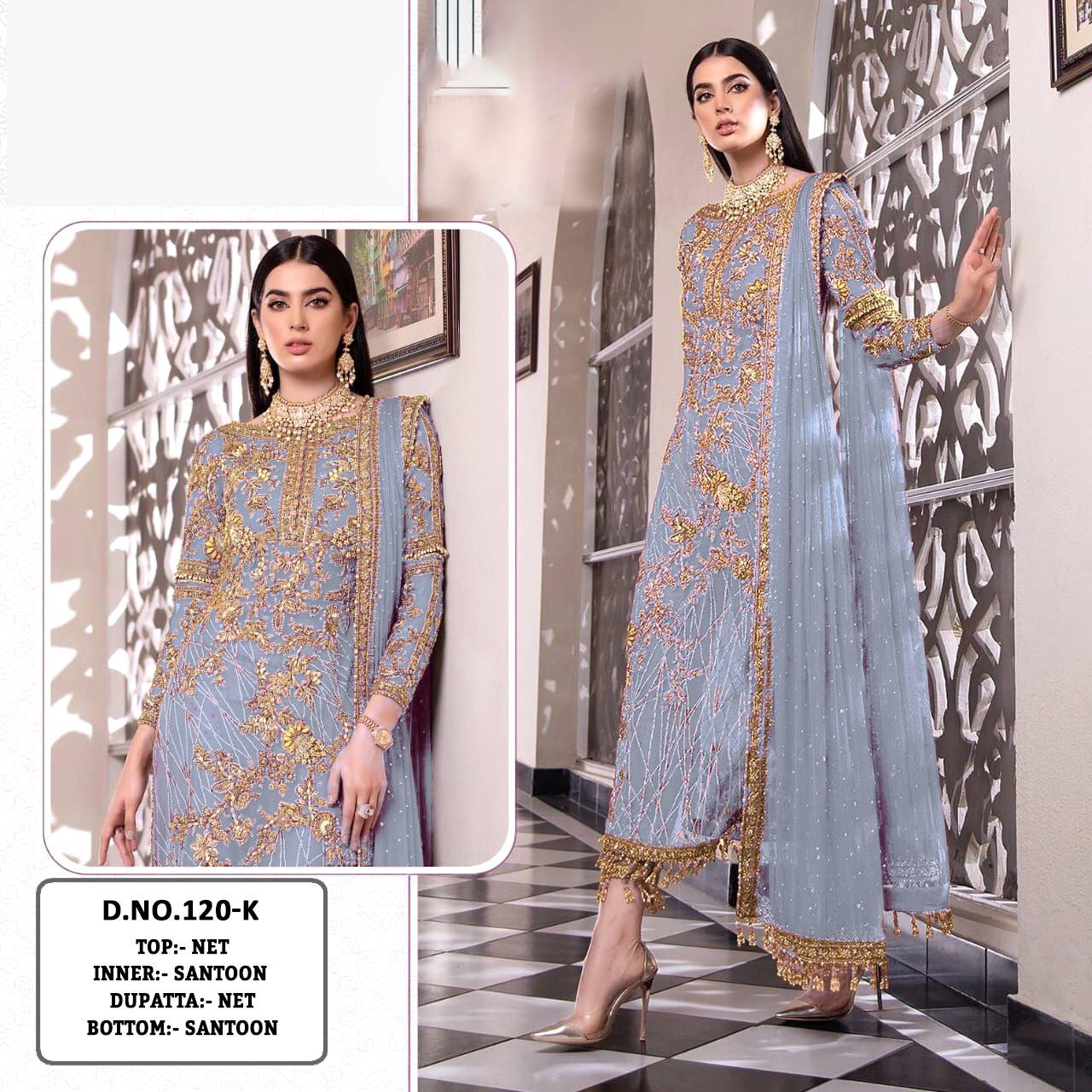 Pakistani Designer Net Embroidered Semi-Stitched Salwar Suit with Diamond & Moti Work